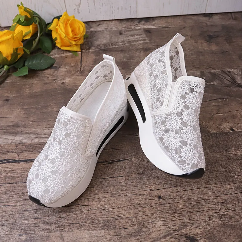 Lace mesh women's flat shoes with inner heightened platform, round toe, satin upper, pink and white colours