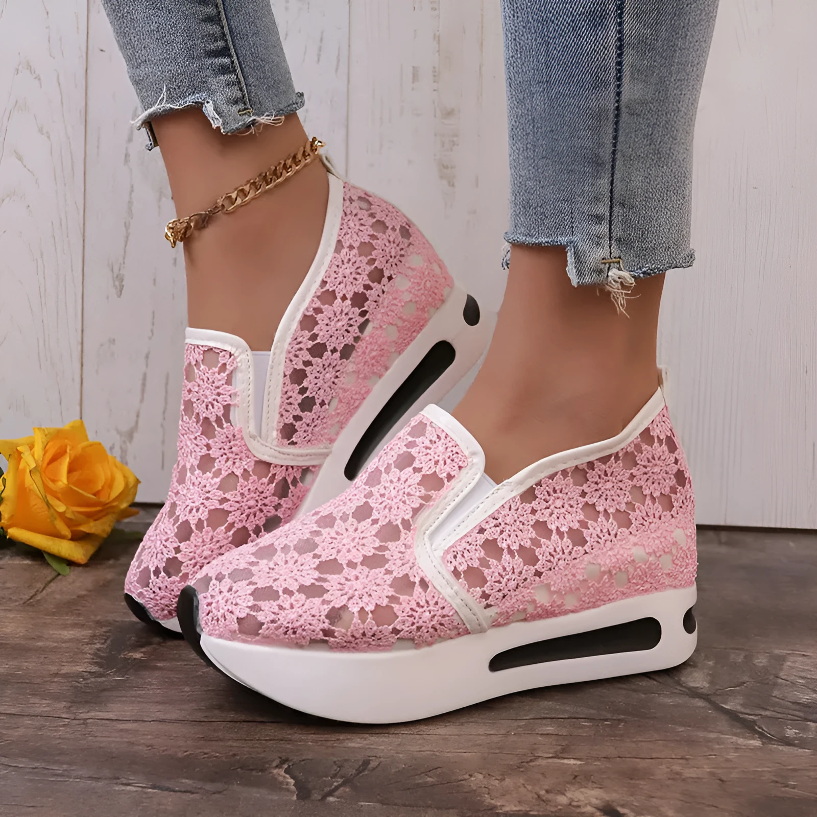 Lace mesh women's flat shoes with inner heightened platform, round toe, satin upper, pink and white colours