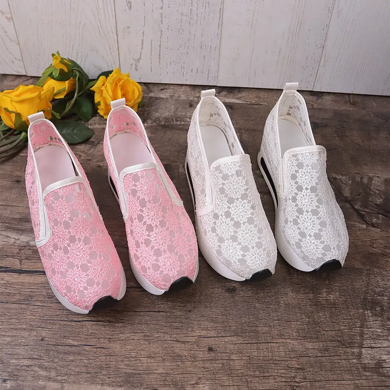 Lace mesh women's flat shoes with inner heightened platform, round toe, satin upper, pink and white colours