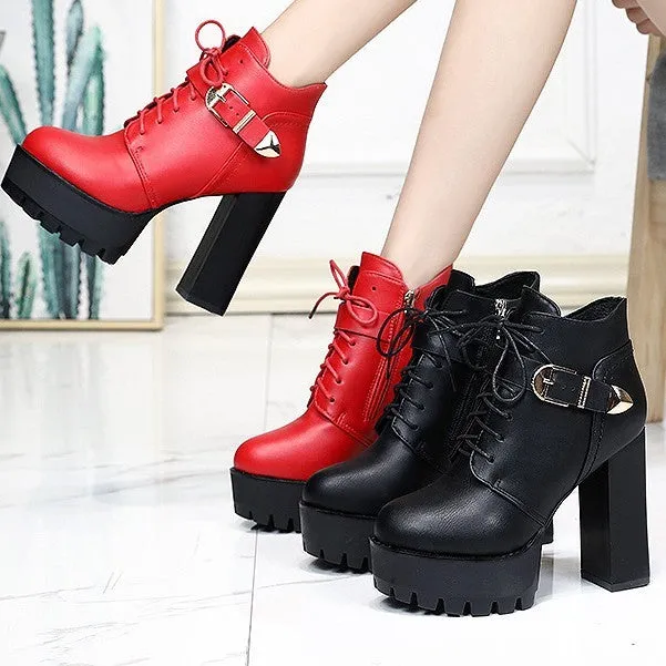 Women's chunky heel waterproof platform high heels in black, back zipper, tip toe, rubber sole