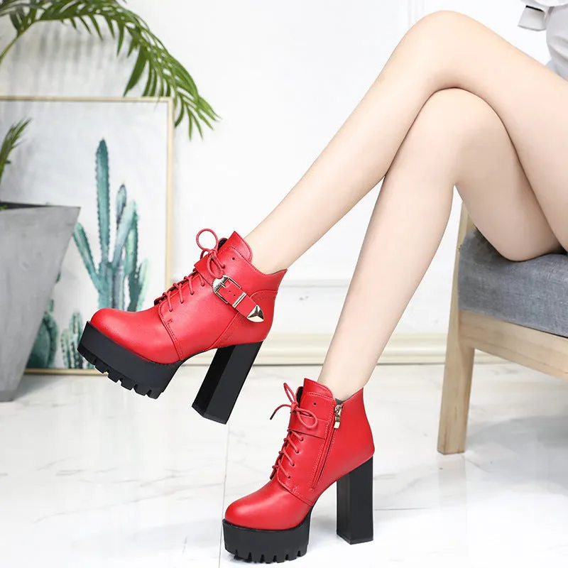 Women's chunky heel waterproof platform high heels in black, back zipper, tip toe, rubber sole
