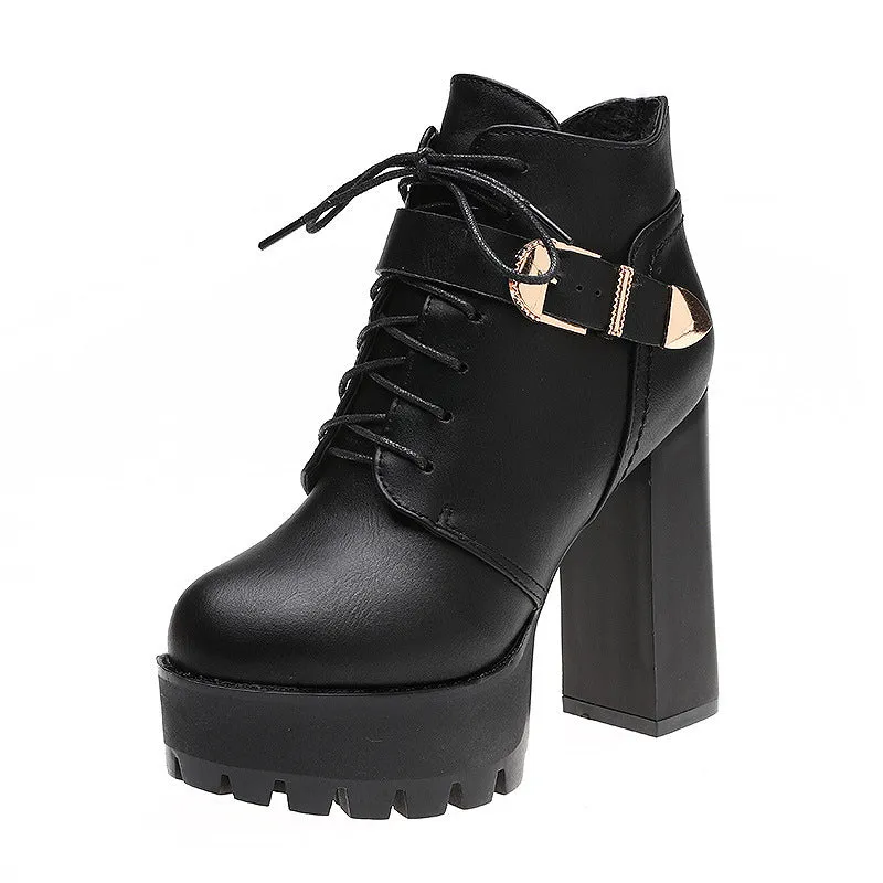Women's chunky heel waterproof platform high heels in black, back zipper, tip toe, rubber sole