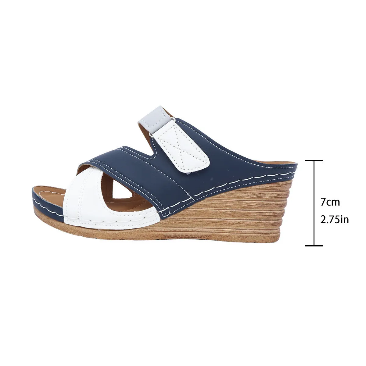 Women's wedge slippers with Velcro straps in black and red, showing fish-mouth toe design.