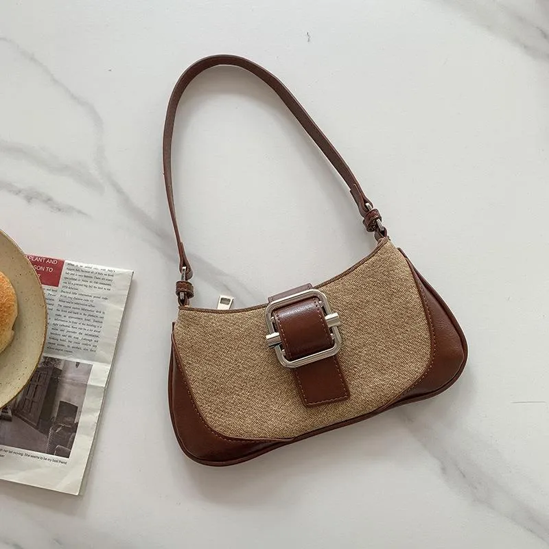 Retro underarm baguette bag in PU with high-grade stitching, sandwich pocket, and phone pocket
