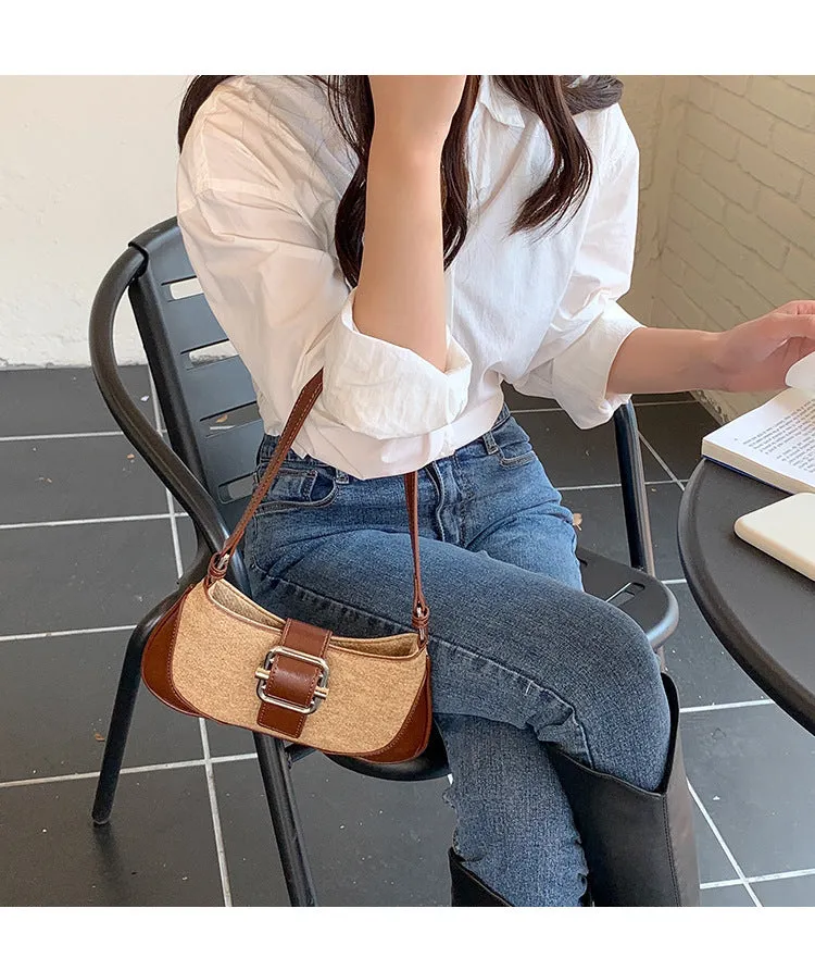 Retro underarm baguette bag in PU with high-grade stitching, sandwich pocket, and phone pocket