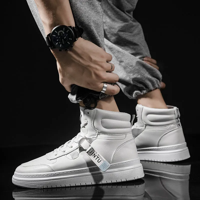 Korean version Tide men's white short boots with artificial PU upper on display