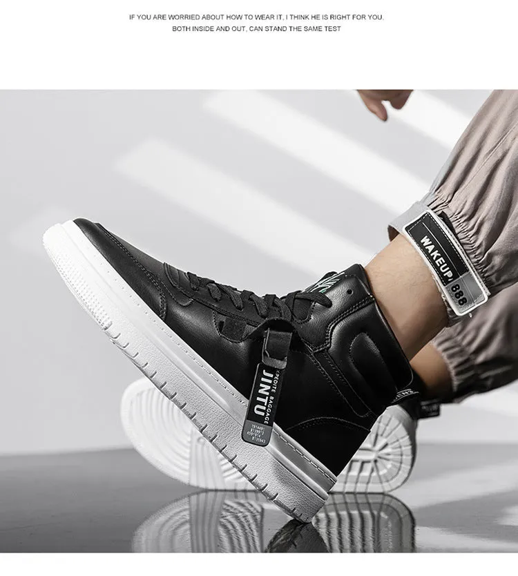 Korean version Tide men's white short boots with artificial PU upper on display