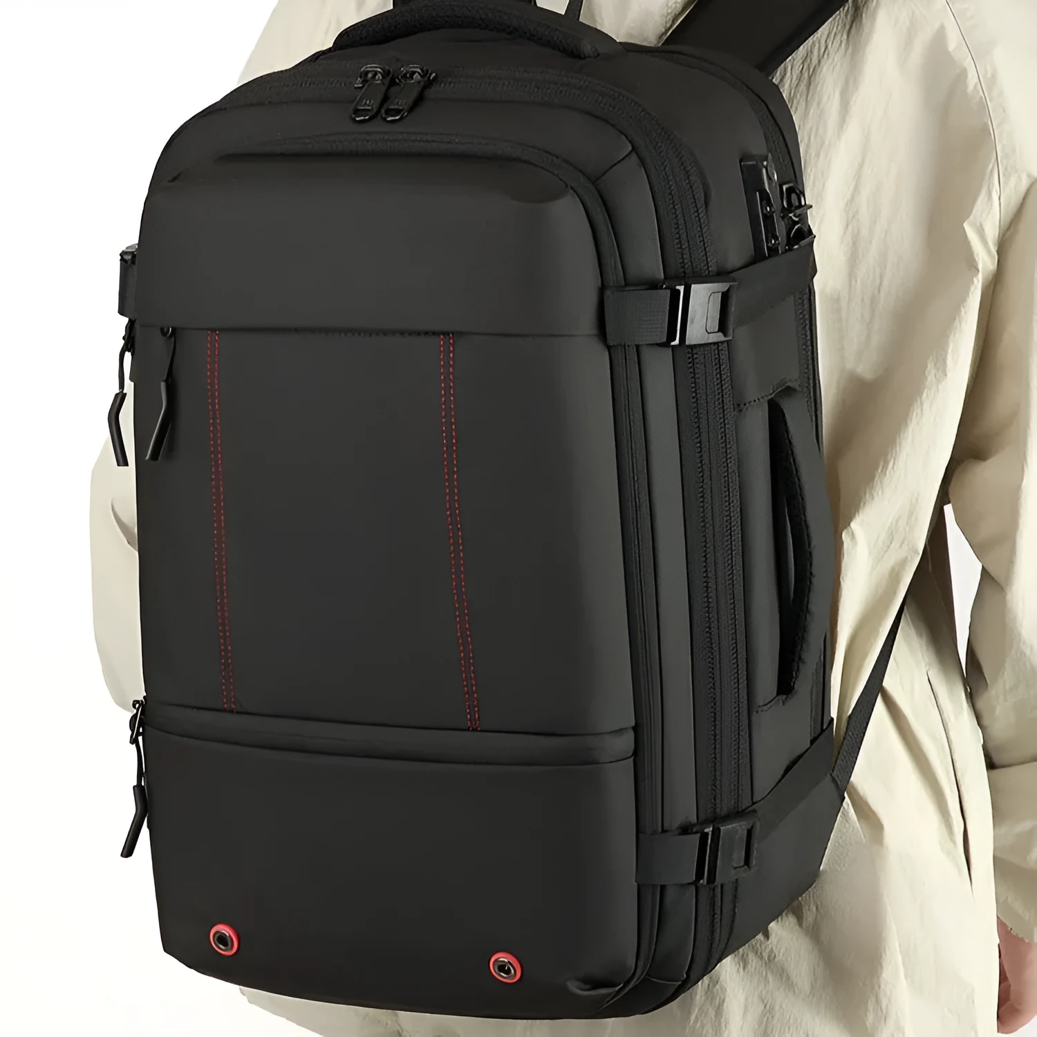 Men's business backpack with belt password lock, Oxford cloth, black airbag type, scalable 20-35L capacity