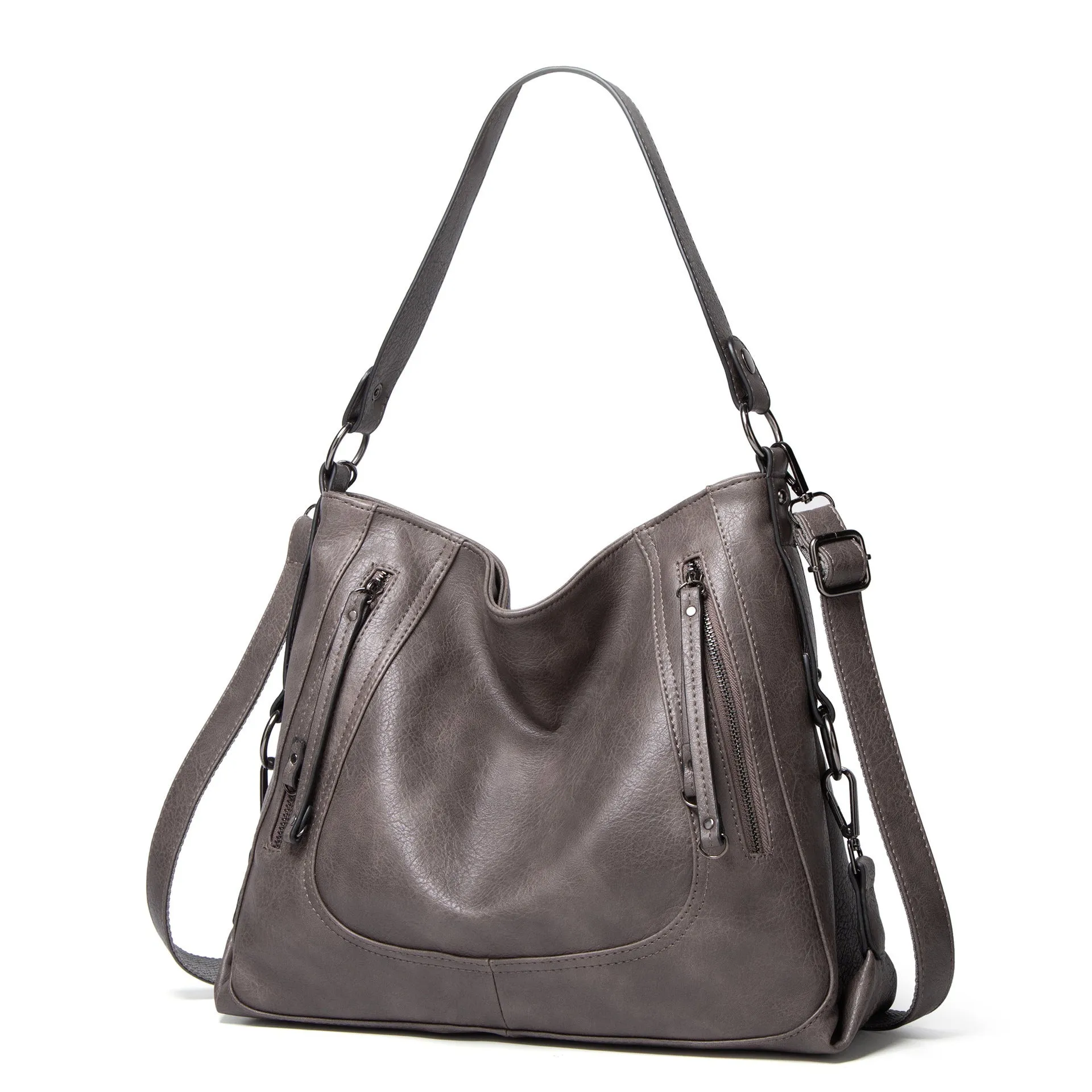 Fashion large capacity PU tote bag in beige with sewing line detail, sandwich pocket, and single shoulder strap.