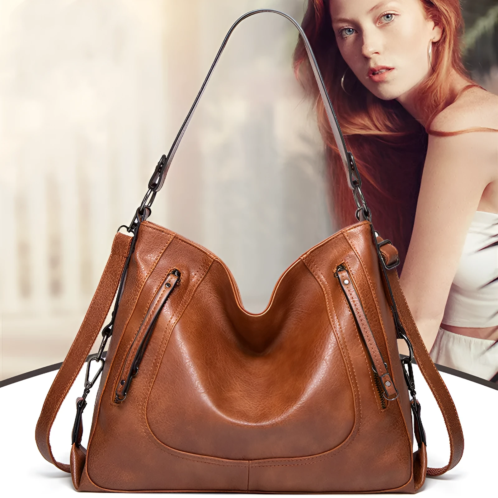 Fashion large capacity PU tote bag in beige with sewing line detail, sandwich pocket, and single shoulder strap.