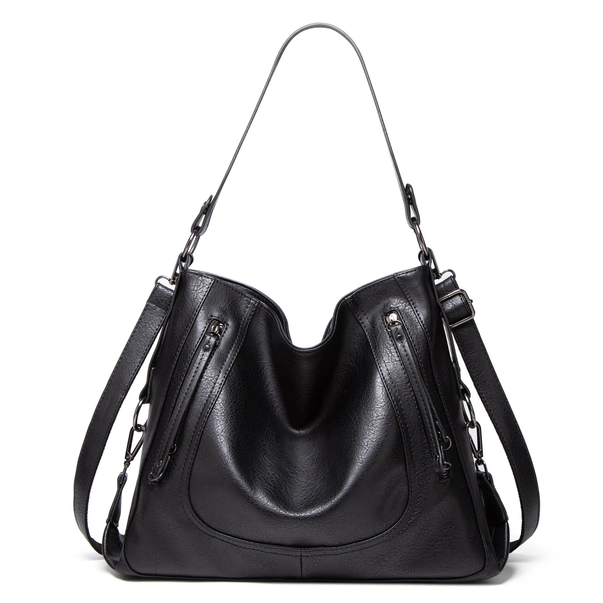 Fashion large capacity PU tote bag in beige with sewing line detail, sandwich pocket, and single shoulder strap.