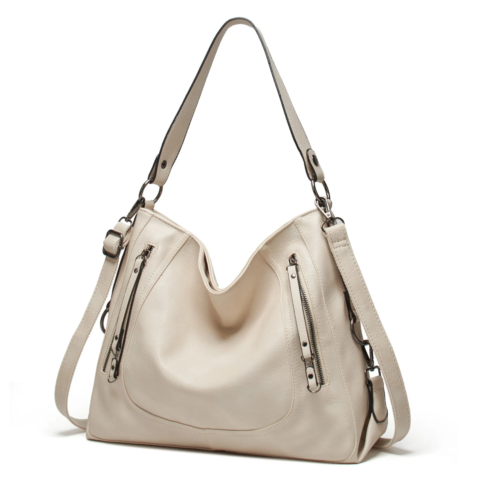 Fashion large capacity PU tote bag in beige with sewing line detail, sandwich pocket, and single shoulder strap.
