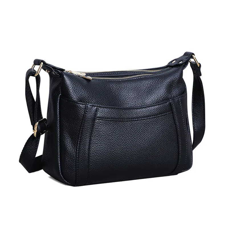 Genuine leather first layer cowhide shoulder bag in black, large size 30x10x19cm