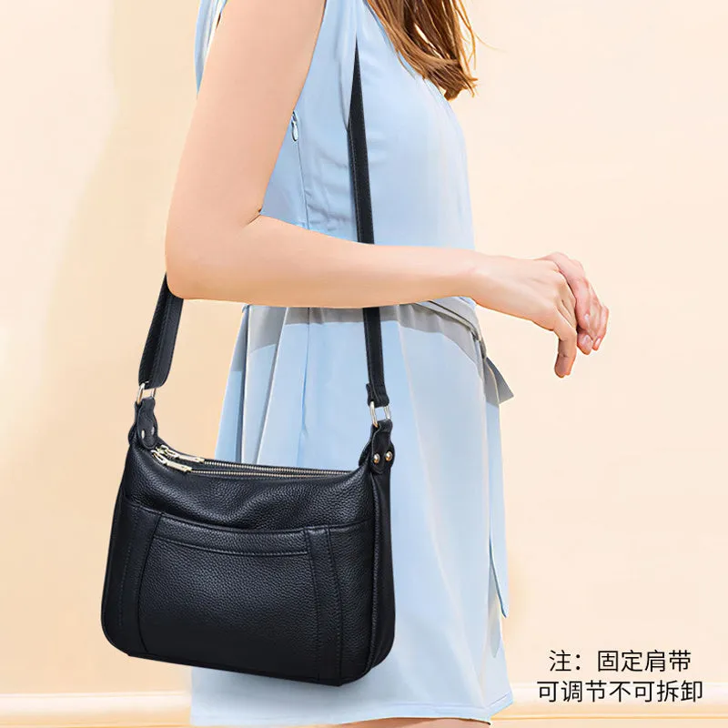Genuine leather first layer cowhide shoulder bag in black, large size 30x10x19cm