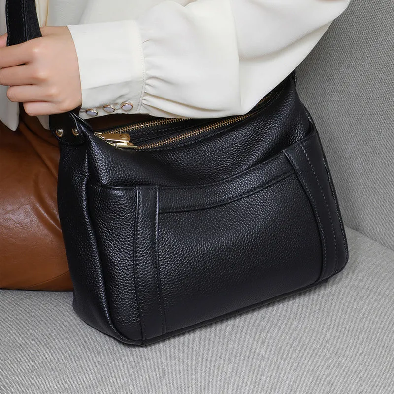 Genuine leather first layer cowhide shoulder bag in black, large size 30x10x19cm