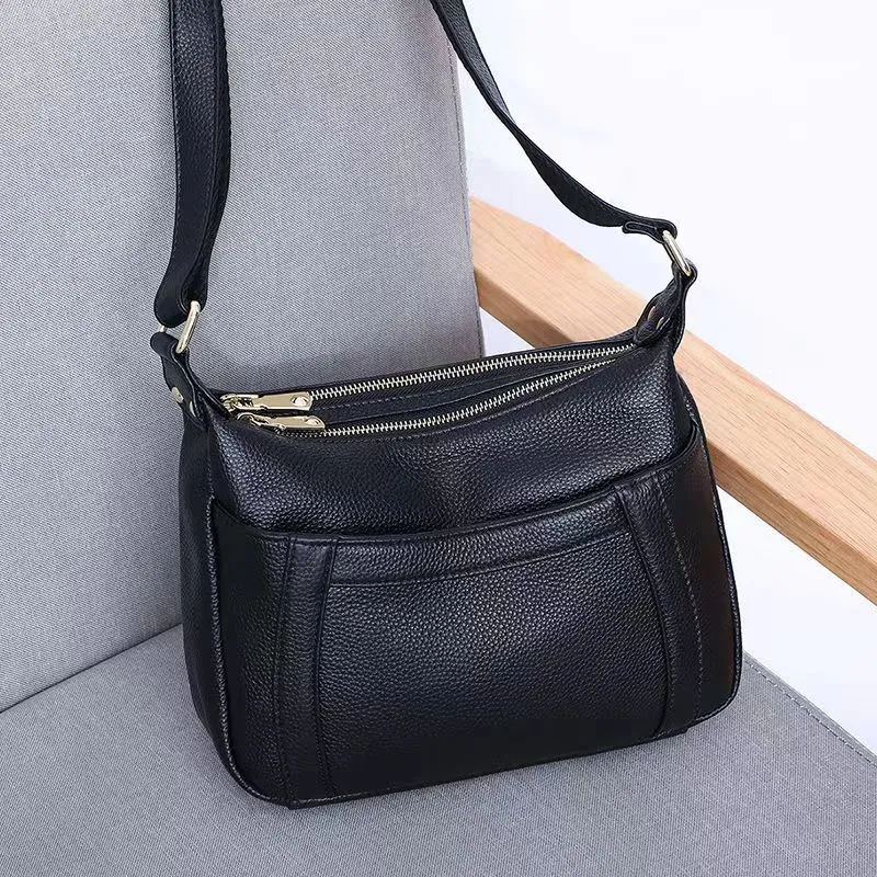 Genuine leather first layer cowhide shoulder bag in black, large size 30x10x19cm