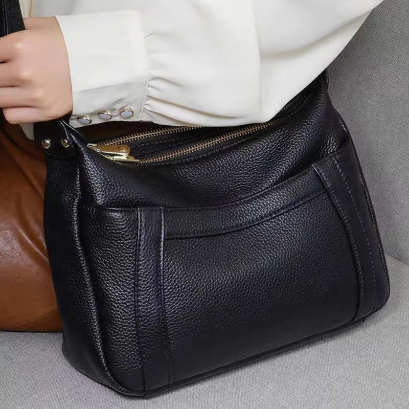 Genuine leather first layer cowhide shoulder bag in black, large size 30x10x19cm