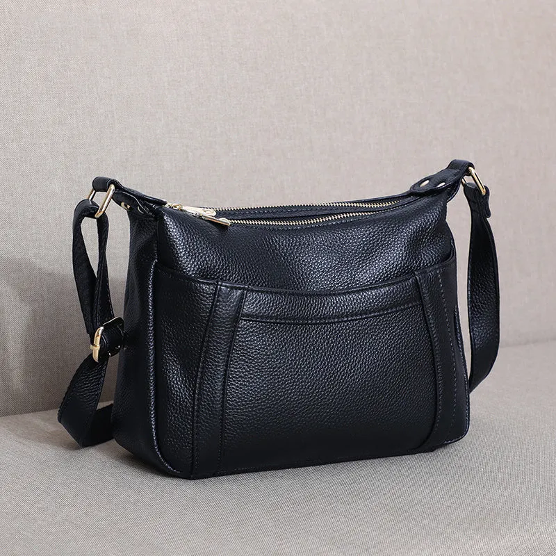 Genuine leather first layer cowhide shoulder bag in black, large size 30x10x19cm