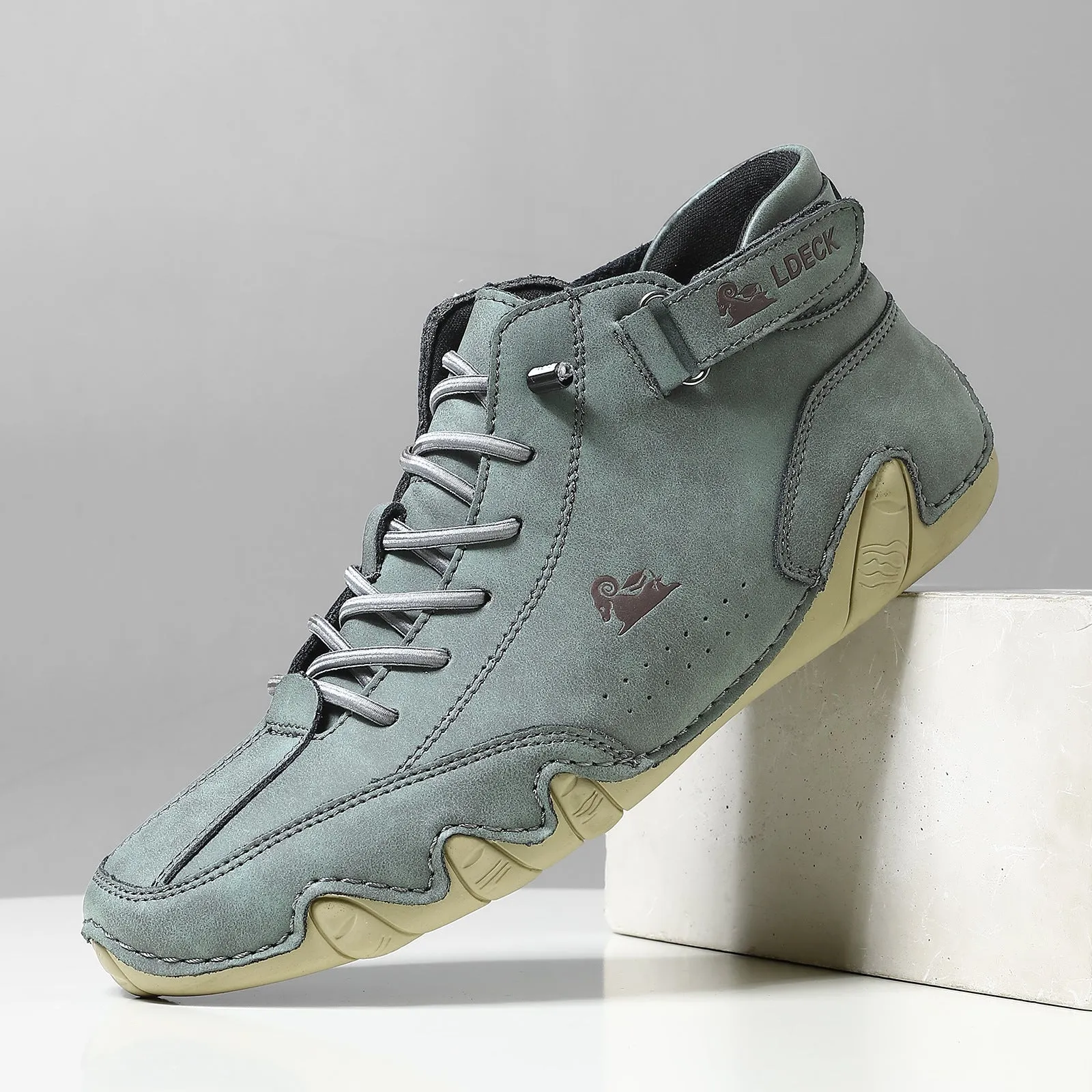 Men's khaki high-top ankle boots with round toe and flat heel on a white background.