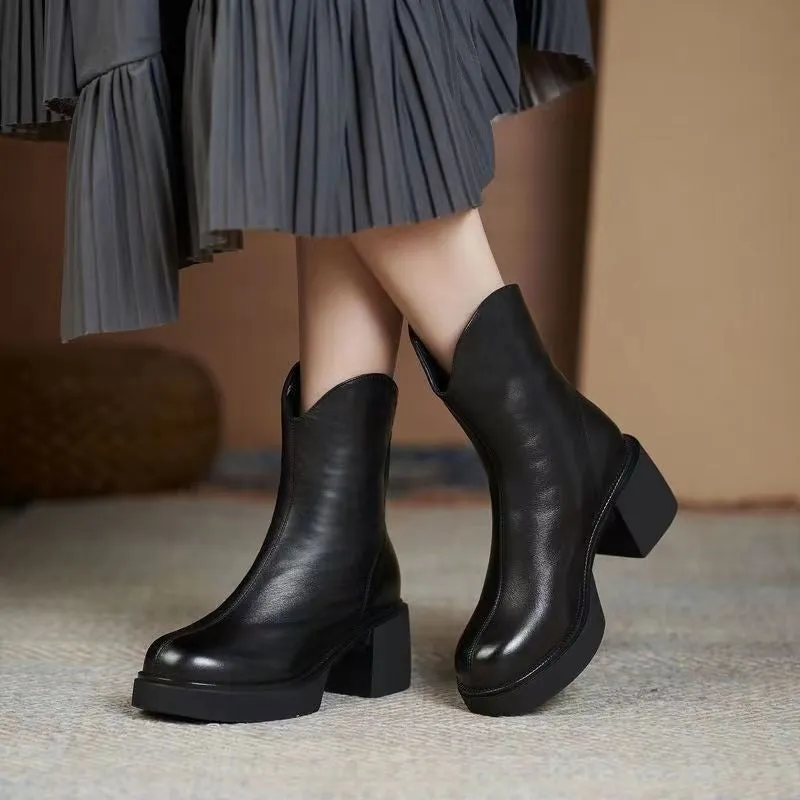 Women's thick heel martin boots with back zipper round toe black artificial PU