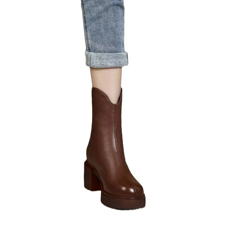 Women's thick heel martin boots with back zipper round toe black artificial PU