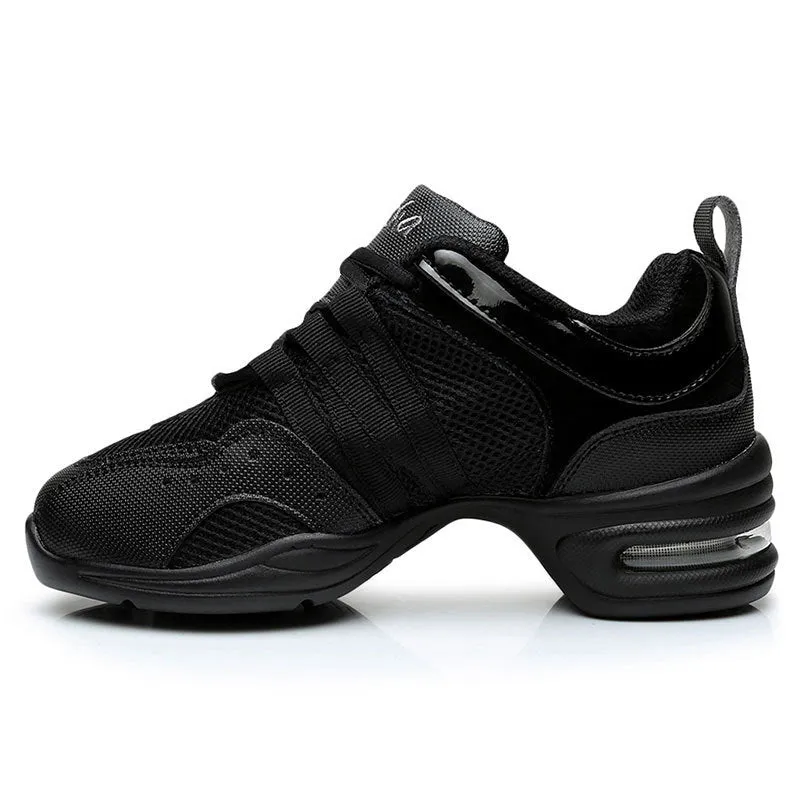 Modern jazz dance air cushion elevator shoes for women in black colour with cotton mesh upper
