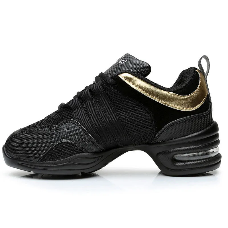 Modern jazz dance air cushion elevator shoes for women in black colour with cotton mesh upper