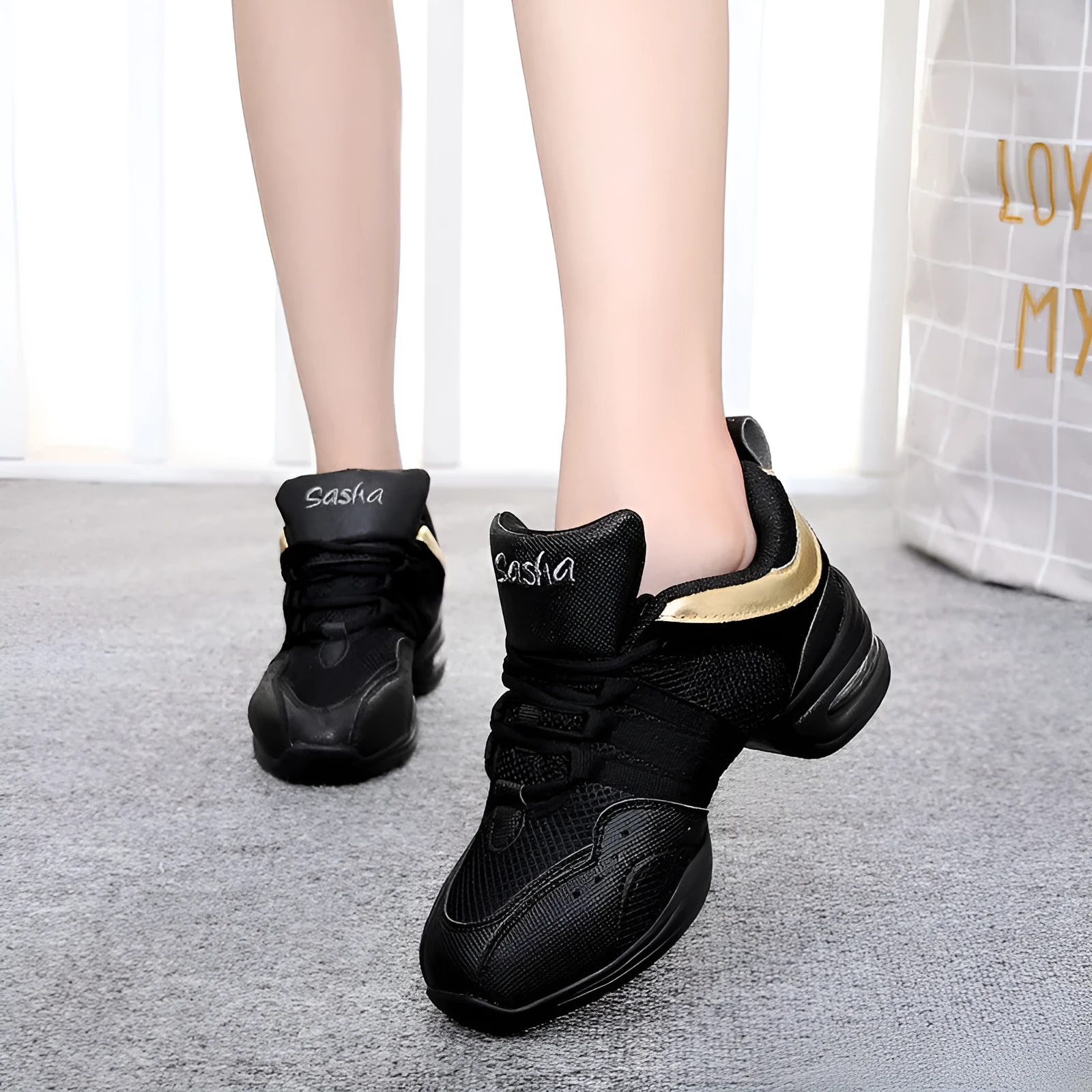 Modern jazz dance air cushion elevator shoes for women in black colour with cotton mesh upper