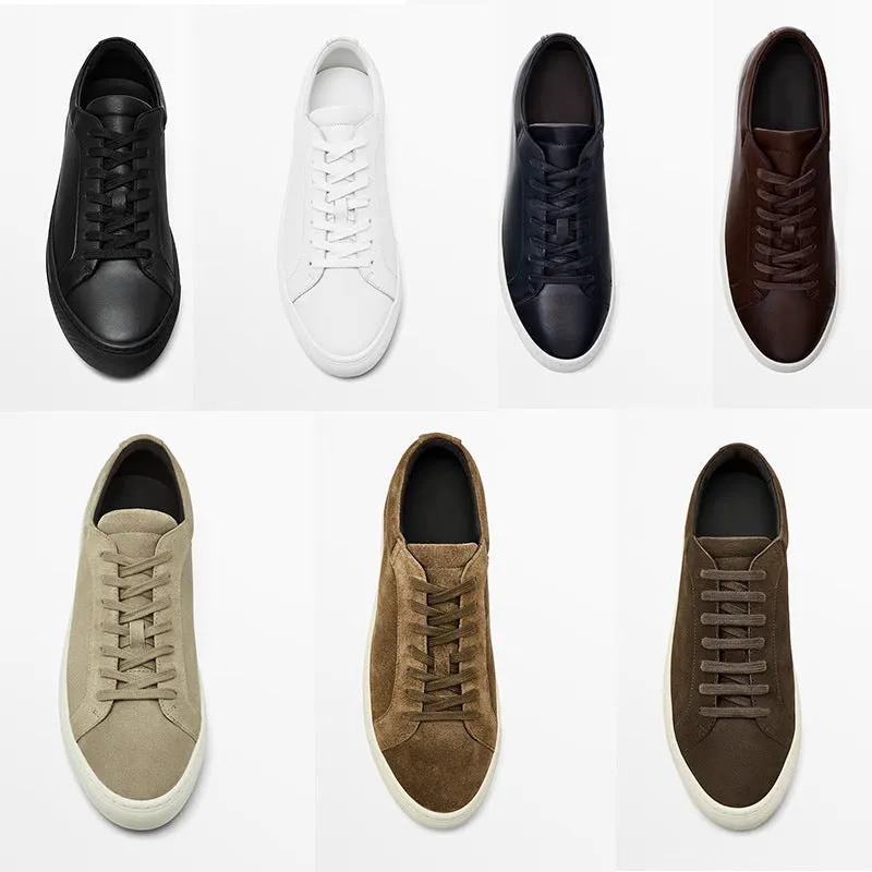 Simple lace leather casual sneakers with flat bottom, low top, available in black leather and other colours
