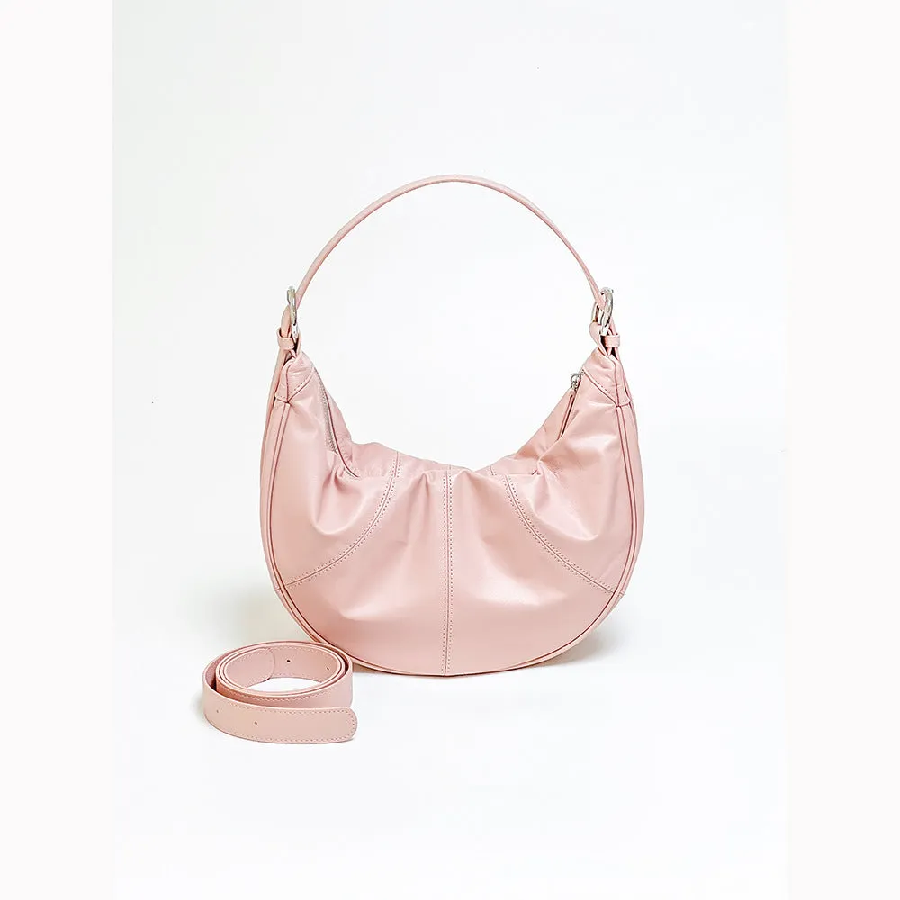 Women's black dumpling-shaped cowhide leather shoulder bag with double strap