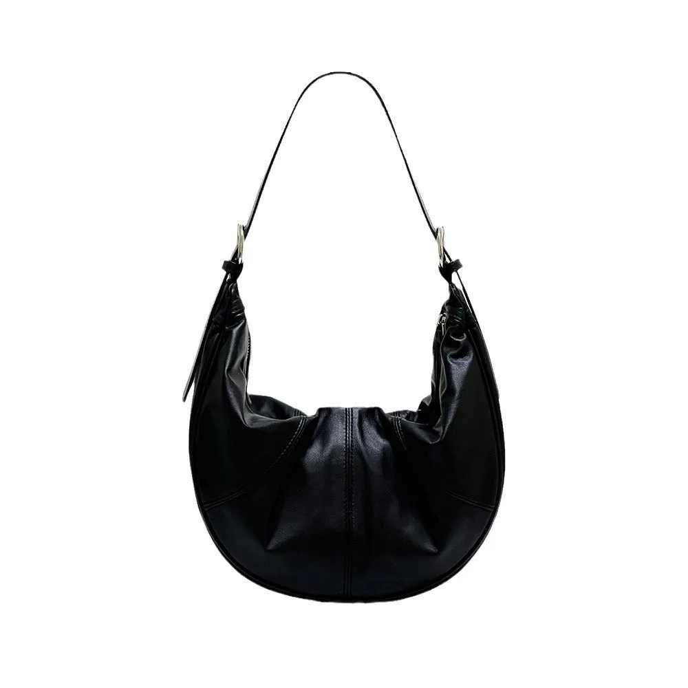 Women's black dumpling-shaped cowhide leather shoulder bag with double strap