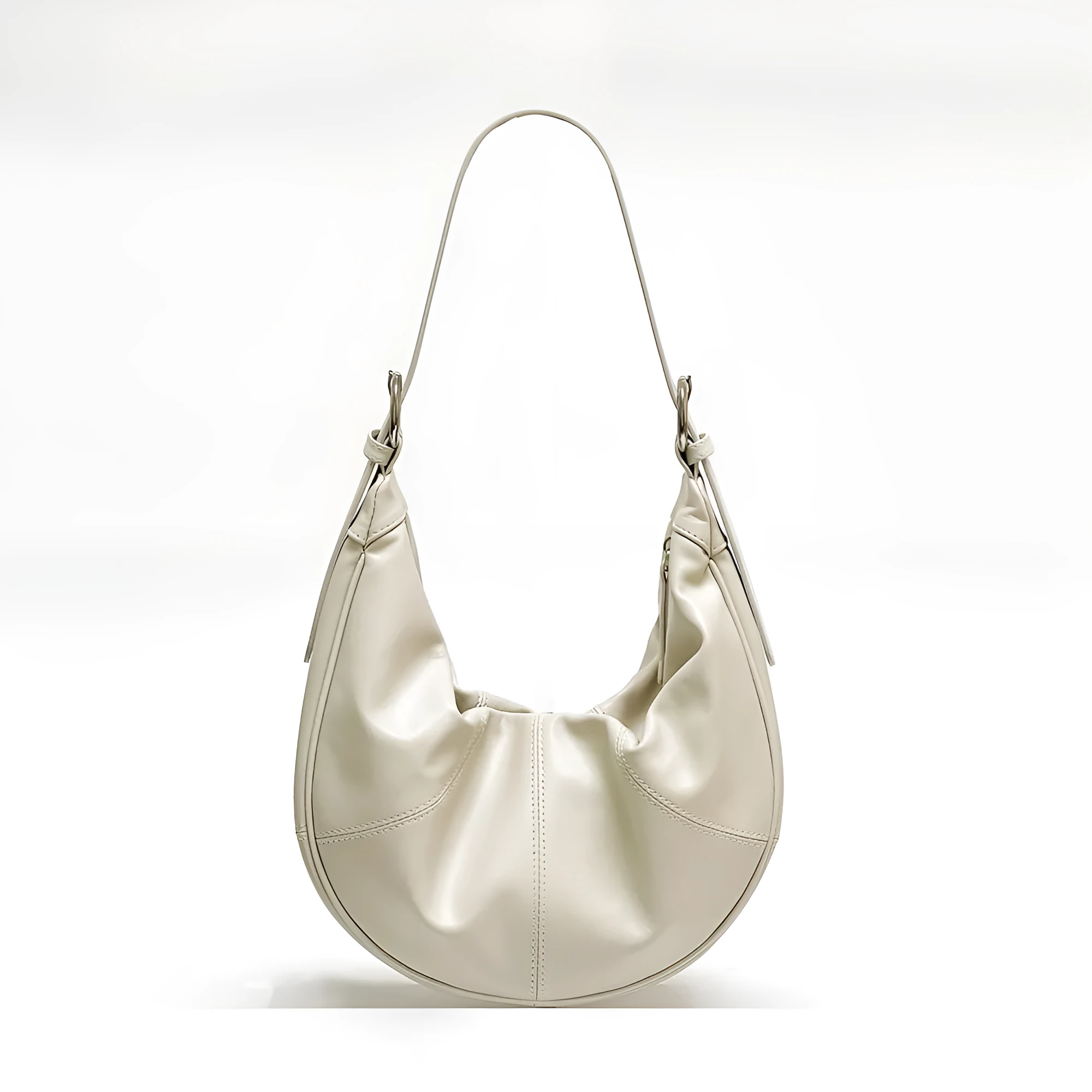 Women's black dumpling-shaped cowhide leather shoulder bag with double strap