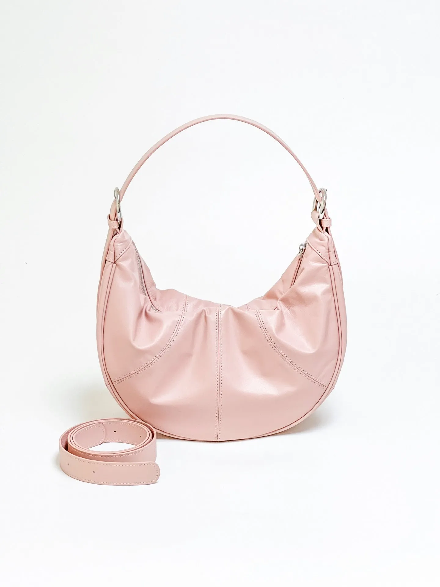 Women's black dumpling-shaped cowhide leather shoulder bag with double strap