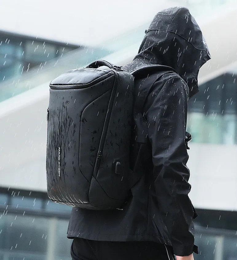 Oxford cloth black backpack with 108° opening and USB charging port, 20-35L capacity