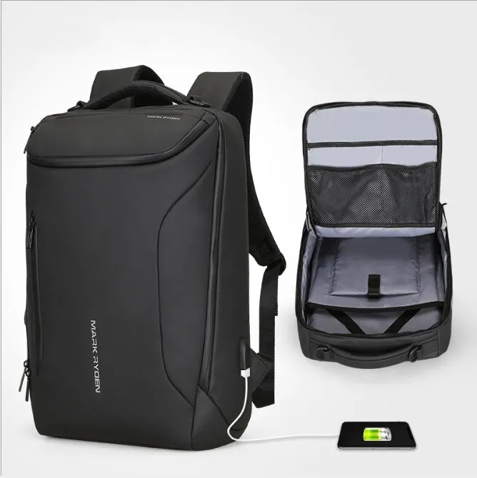 Oxford cloth black backpack with 108° opening and USB charging port, 20-35L capacity