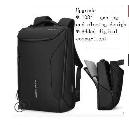 Oxford cloth black backpack with 108° opening and USB charging port, 20-35L capacity