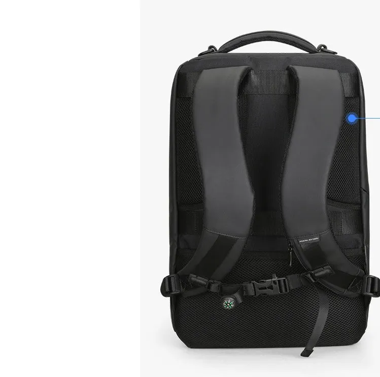 Oxford cloth black backpack with 108° opening and USB charging port, 20-35L capacity