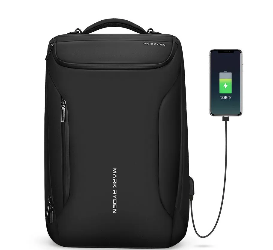 Oxford cloth black backpack with 108° opening and USB charging port, 20-35L capacity
