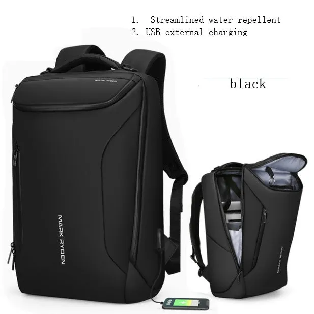 Oxford cloth black backpack with 108° opening and USB charging port, 20-35L capacity