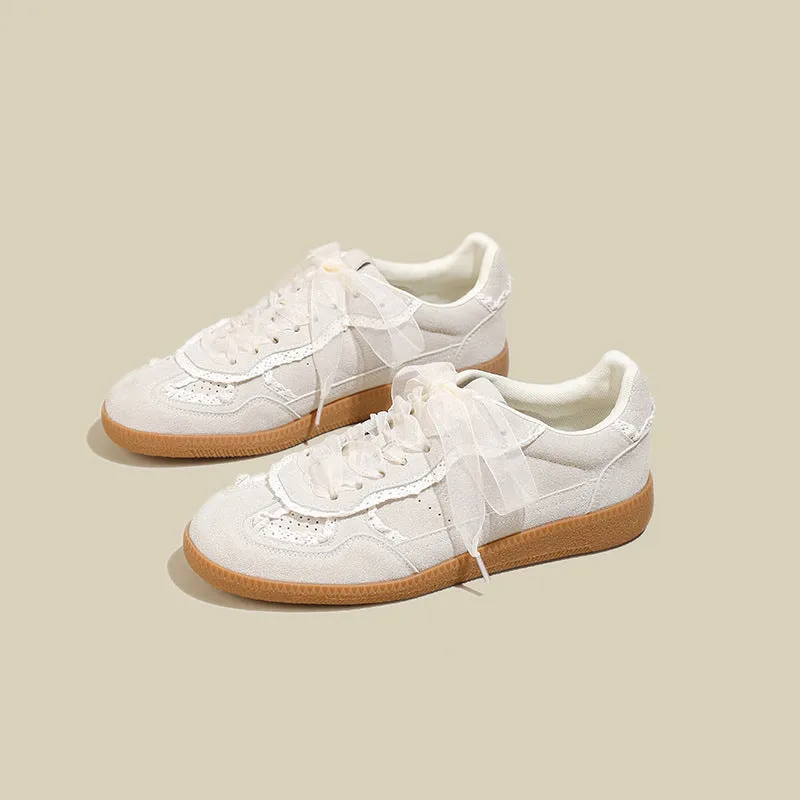 Women's Korean-style ugly-cute training shoes in gray solid colour, low top, front lace-up, natural rubber sole