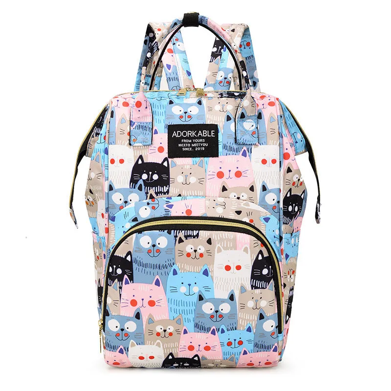 Large capacity nylon casual backpack for moms with animal print and airpillow straps in A Lot Of Cat Gray pattern