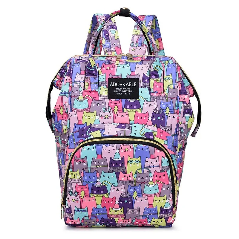 Large capacity nylon casual backpack for moms with animal print and airpillow straps in A Lot Of Cat Gray pattern