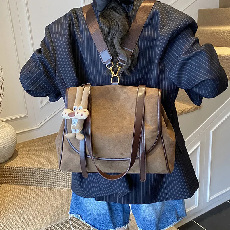 Women's large capacity retro suede briefcase in brown with pendant, PU leather, medium-soft finish
