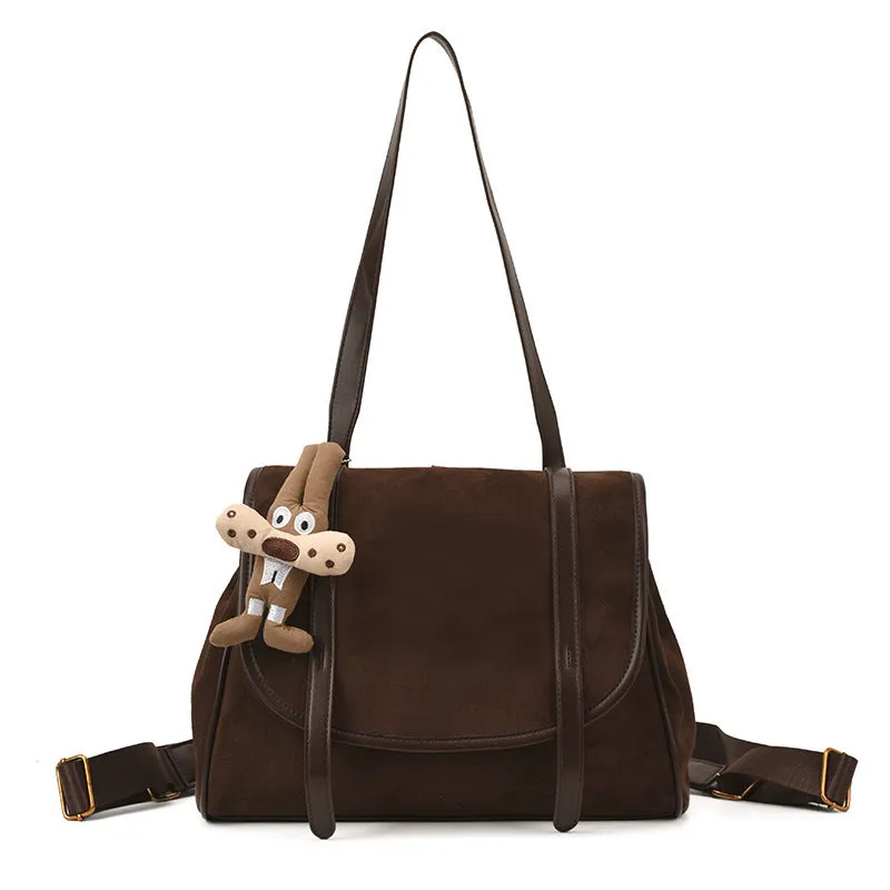 Women's large capacity retro suede briefcase in brown with pendant, PU leather, medium-soft finish