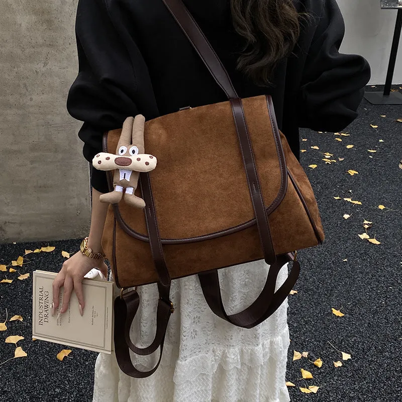 Women's large capacity retro suede briefcase in brown with pendant, PU leather, medium-soft finish
