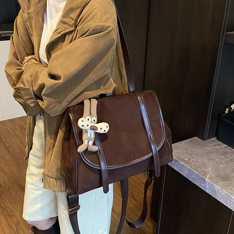 Women's large capacity retro suede briefcase in brown with pendant, PU leather, medium-soft finish