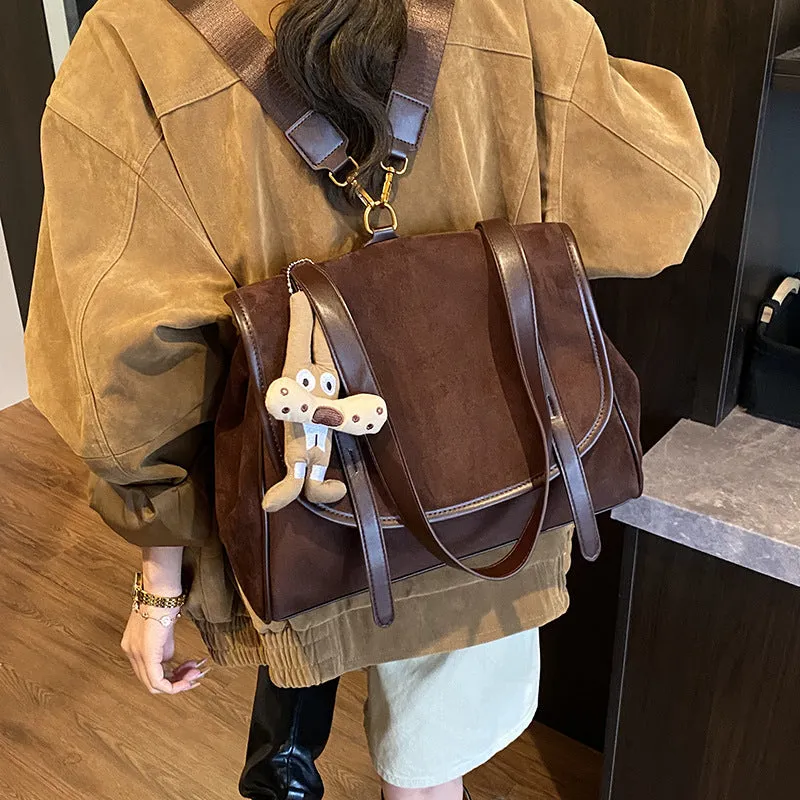 Women's large capacity retro suede briefcase in brown with pendant, PU leather, medium-soft finish