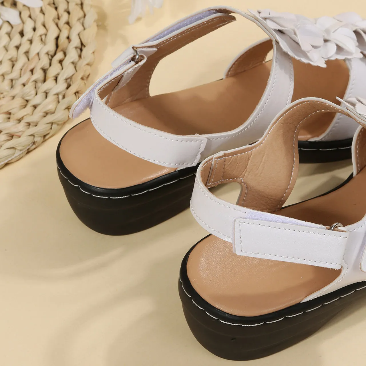 Women's fish mouth velcro wedge sandals in white PU upper with adjustable strap