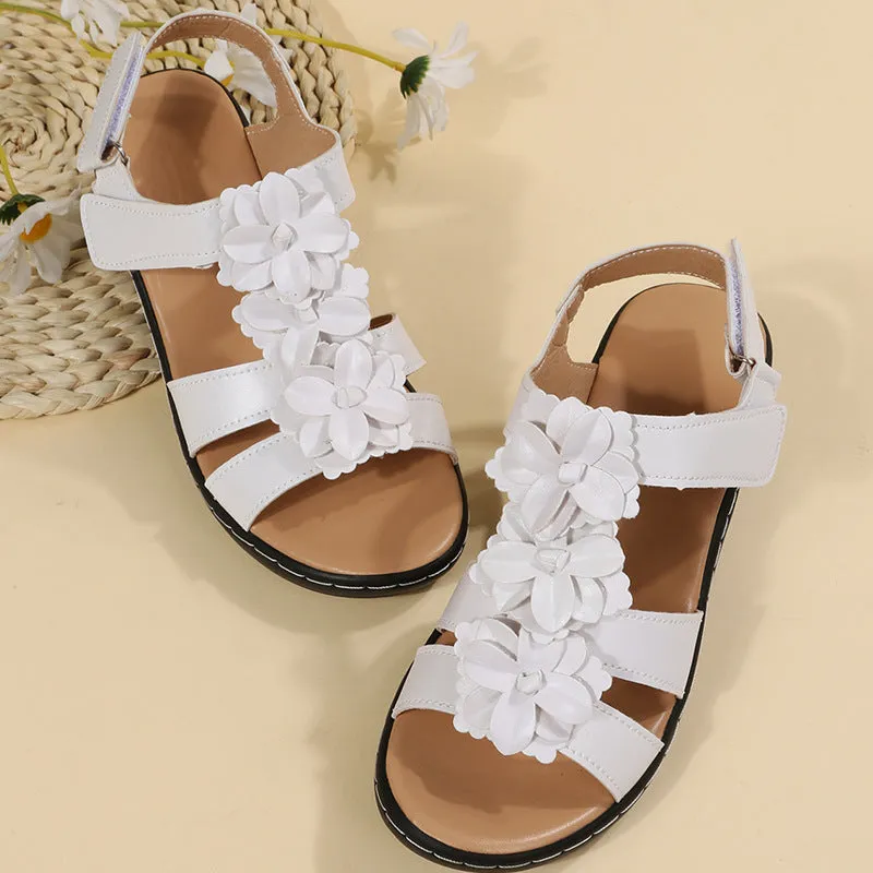 Women's fish mouth velcro wedge sandals in white PU upper with adjustable strap