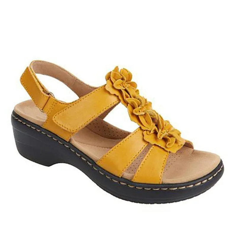 Women's fish mouth velcro wedge sandals in white PU upper with adjustable strap